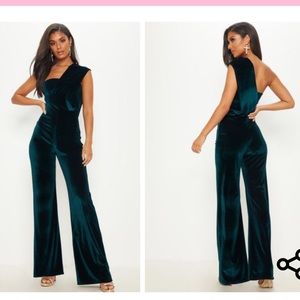 Emerald green velvet one shoulder jumpsuit